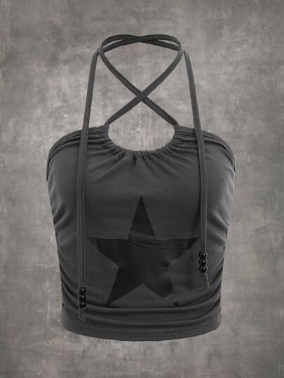 Grunge Punk Star Print Criss Cross Halter Top