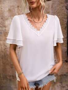 SHEIN LUNE Guipure Lace Trim Butterfly Sleeve Blouse - White - View 4
