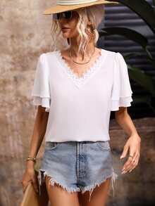 SHEIN LUNE Guipure Lace Trim Butterfly Sleeve Blouse - White - View 5