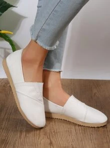 女款休閒時尚圓頭帆布一腳蹬舒適軟底米色純色平底鞋