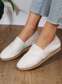 女款休閒時尚圓頭帆布一腳蹬舒適軟底米色純色平底鞋