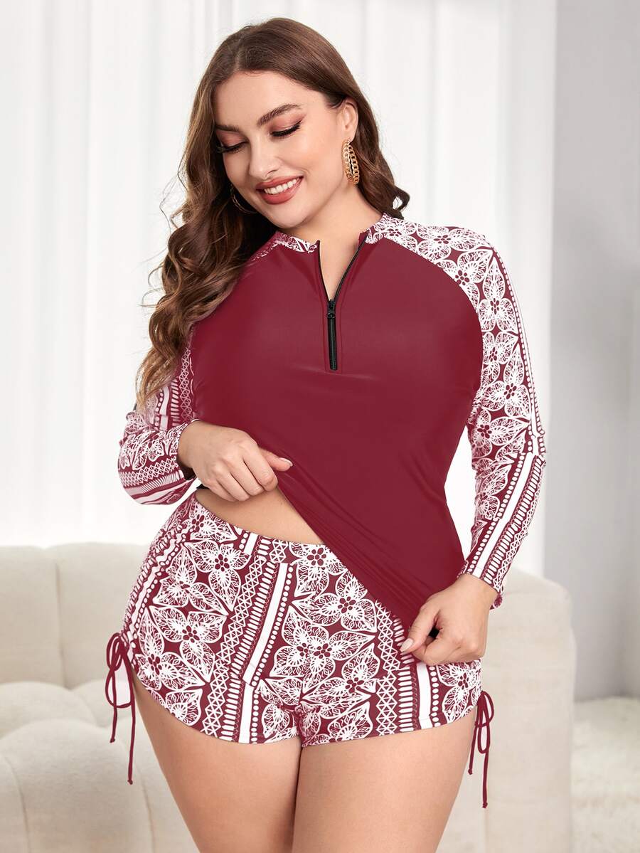 Plus Size Floral Print Zipper Front Rashguard Summer Beach - Multicolor - View 1