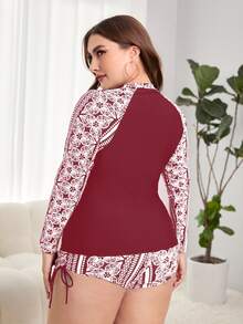 Plus Size Floral Print Zipper Front Rashguard Summer Beach - Multicolor - View 2