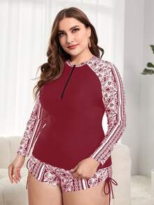 Plus Size Floral Print Zipper Front Rashguard Summer Beach - Multicolor - View 4