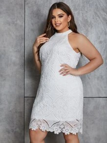 Eilly Bazar Plus Guipure Lace Overlay Halter Neck Dress - White - View 1