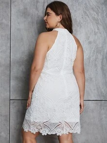 Eilly Bazar Plus Guipure Lace Overlay Halter Neck Dress - White - View 2