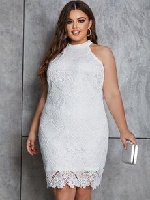 Eilly Bazar Plus Guipure Lace Overlay Halter Neck Dress - White - View 4