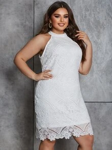 Eilly Bazar Plus Guipure Lace Overlay Halter Neck Dress - White - View 5