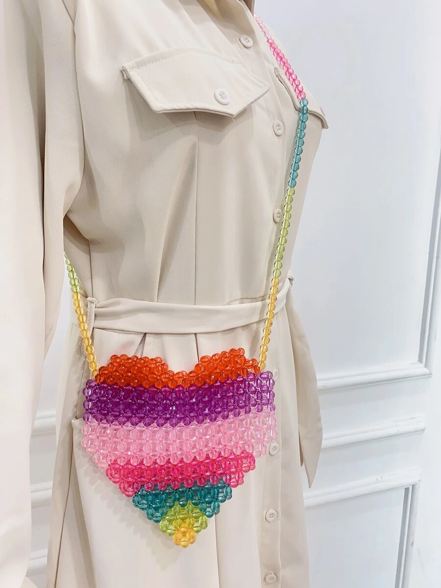 迷你撞色串珠愛心設計斜挎包
