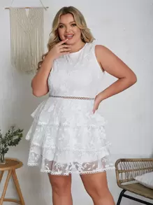 Eilly Bazar Plus Floral Embroidery Mesh Overlay Dress - White - View 1