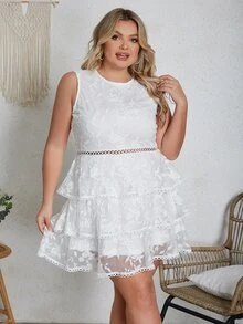 Eilly Bazar Plus Floral Embroidery Mesh Overlay Dress - White - View 3