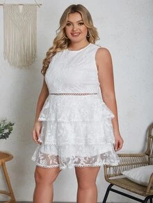 Eilly Bazar Plus Floral Embroidery Mesh Overlay Dress - White - View 4