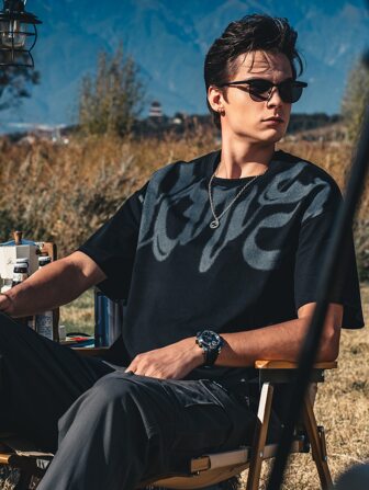 Hombres Camiseta de hombros caídos con estampado de letra