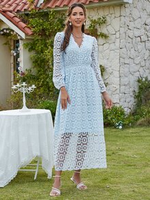 Eilly Bazar Đầm Trọn gói màu trơn Thanh lịch - Màu xanh nhạt - Xem 5