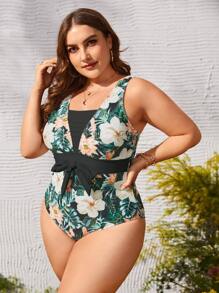 SHEIN Swim Curve Summer Plus Size Tropical Print Knot Front One Piece Swimsuit - Multicolor - View 5
