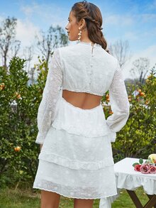 Eilly Bazar 花卉刺繡荷葉袖荷葉邊連衣裙 - 白色 - 查看 2