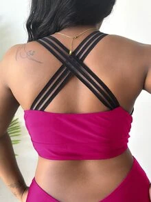 Plus Contrast Mesh Criss Cross Back Bikini Top - Hot Pink - View 2