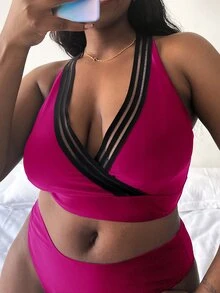 Plus Contrast Mesh Criss Cross Back Bikini Top - Hot Pink - View 3