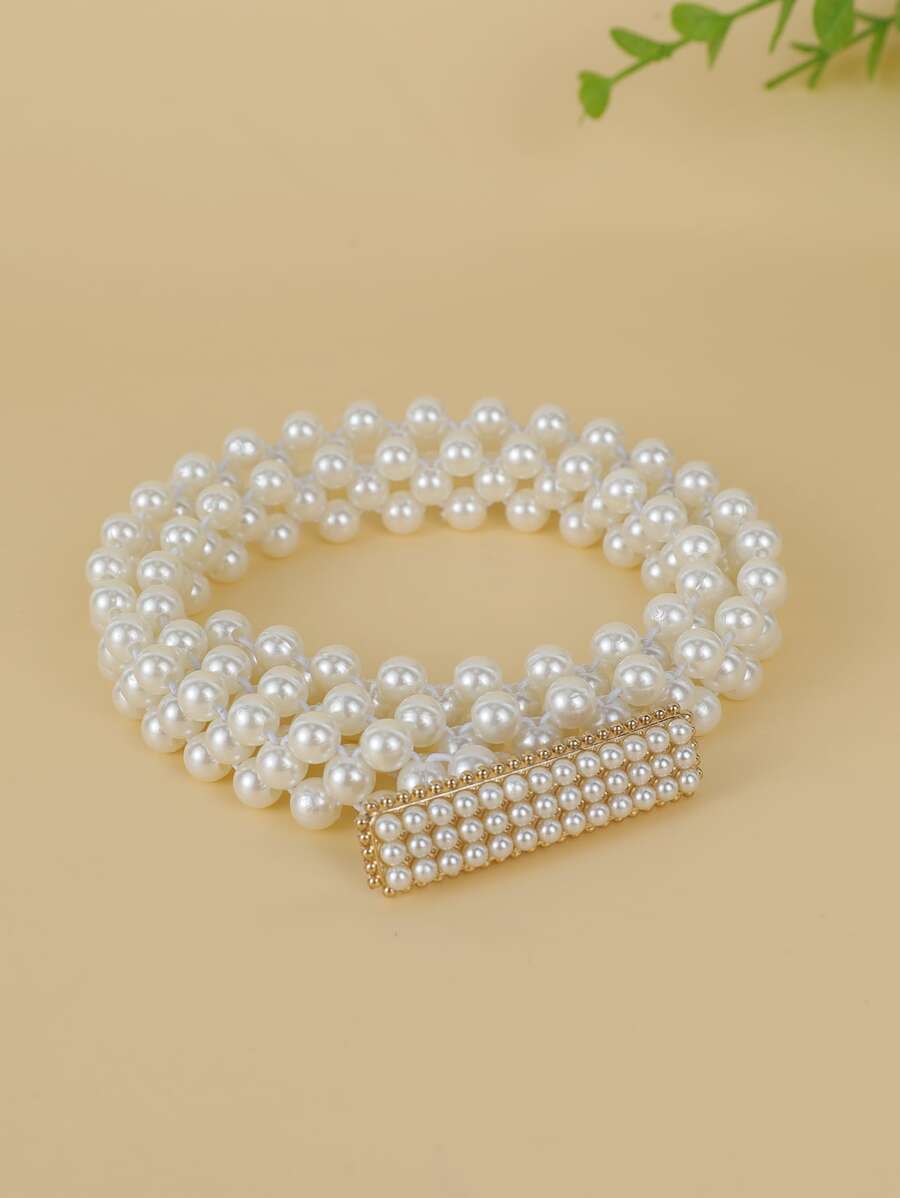 1 件女式珍珠镶嵌矩形弹性腰带，百搭配饰 - 白色 - 查看 1