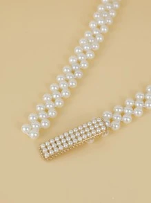 1 件女式珍珠镶嵌矩形弹性腰带，百搭配饰 - 白色 - 查看 3