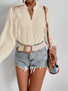 SHEIN Frenchy Guipure Lace Insert Button Front Shirt Winter Elegant - Apricot - View 4