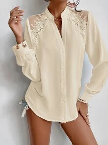 SHEIN Frenchy Guipure Lace Insert Button Front Shirt Winter Elegant - Apricot - View 7
