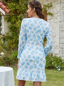 Eilly Bazar 波卡圓點水溶蕾絲拼接荷葉邊連衣裙 - 藍白色 - 查看 3