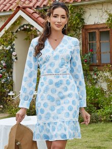 Eilly Bazar 波卡圓點水溶蕾絲拼接荷葉邊連衣裙 - 藍白色 - 查看 6
