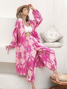 Rusttydustty Floral Print Open Front Coat & Trousers - Multicolor - View 7