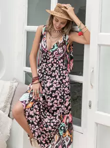 Rusttydustty Women's Black Plant Print Deep V-Neck Sleeveless Strap Sexy Dress Beach Vacation Bohemia - Black - View 4