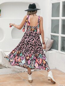 Rusttydustty Women's Black Plant Print Deep V-Neck Sleeveless Strap Sexy Dress Beach Vacation Bohemia - Black - View 2
