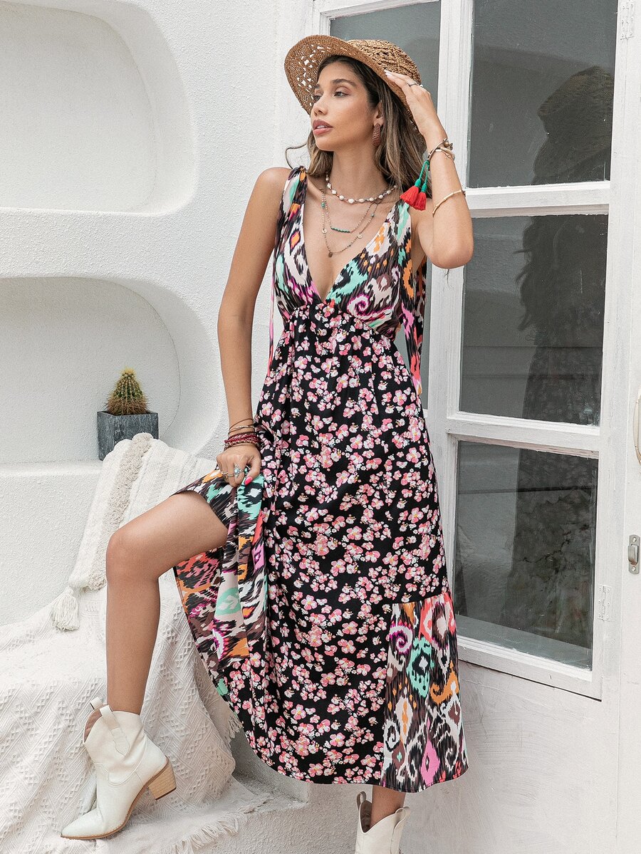 Rusttydustty Women's Black Plant Print Deep V-Neck Sleeveless Strap Sexy Dress Beach Vacation Bohemia - Black - View 1