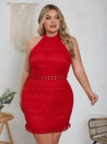 Eilly Bazar 大碼提花蕾絲掛脖連衣裙 - 紅色 - 查看 1