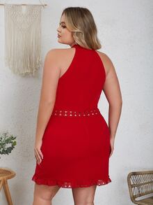 Eilly Bazar 大碼提花蕾絲掛脖連衣裙 - 紅色 - 查看 2