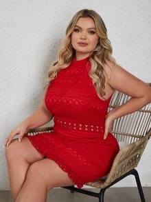 Eilly Bazar 大碼提花蕾絲掛脖連衣裙 - 紅色 - 查看 3