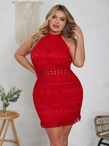 Eilly Bazar 大碼提花蕾絲掛脖連衣裙 - 紅色 - 查看 5