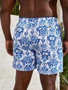 Manfinity Hombres Shorts de natación con estampado de cintura con cordón - Azul y blanco - Ver 2