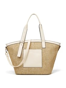 Contrast Binding Straw Bag, Mother's Day Gift For Mom - White - View 1