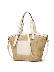 Contrast Binding Straw Bag, Mother's Day Gift For Mom - White - View 2