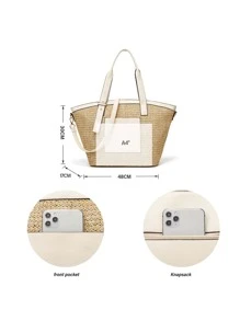 Contrast Binding Straw Bag, Mother's Day Gift For Mom - White - View 5