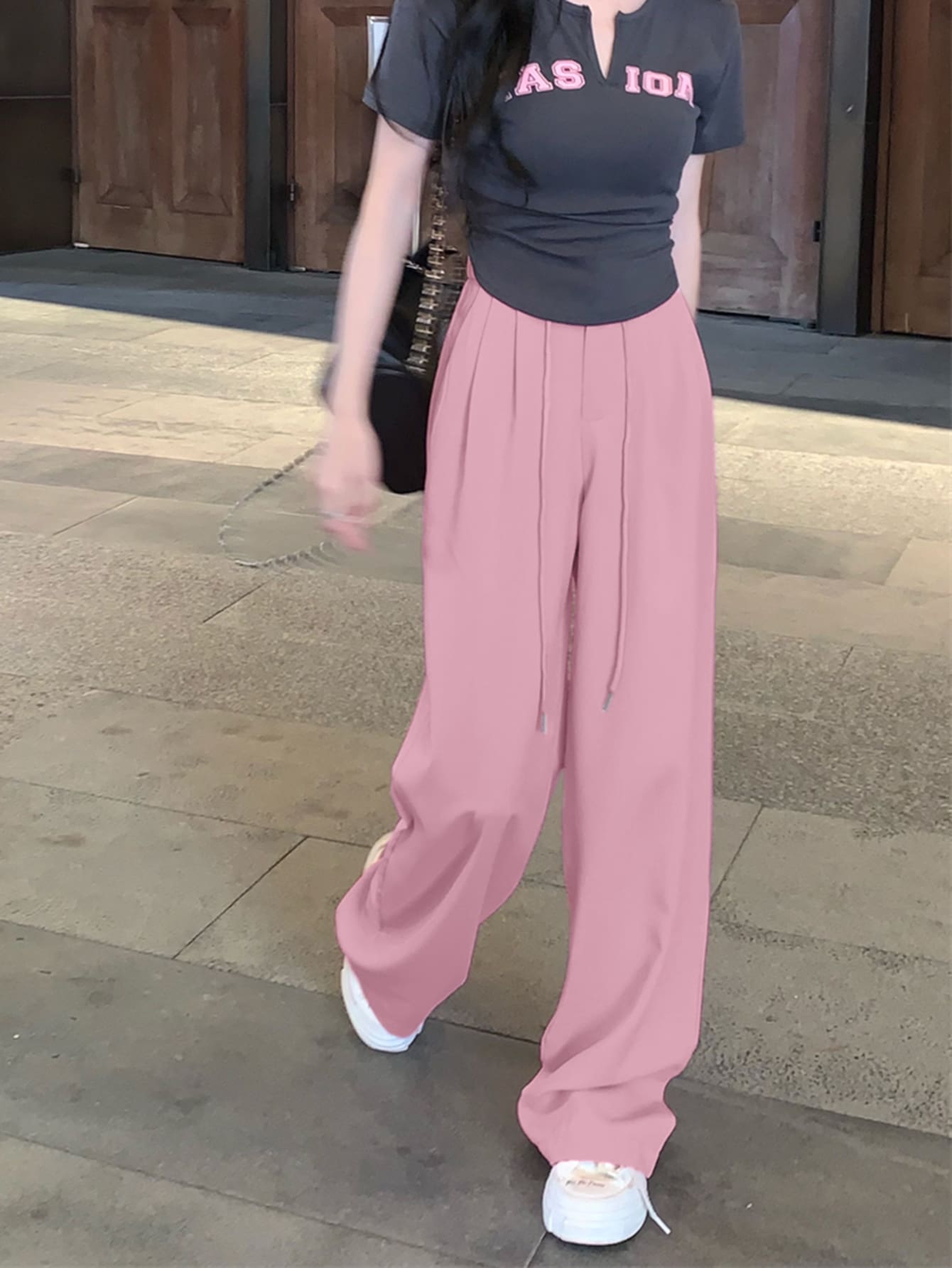 Solid High Waist Wide Leg Pants - Dusty Pink - View 1