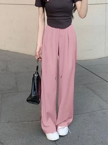 Solid High Waist Wide Leg Pants - Dusty Pink - View 4