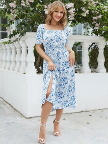 Eilly Bazar Vestido impressão floral gola quadrada manga bufante coxa dividida - Azul e branco - Ver 3
