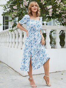 Eilly Bazar Vestido impressão floral gola quadrada manga bufante coxa dividida - Azul e branco - Ver 4