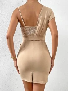 SHEIN Unity Contrast Sequin Asymmetrical Neck Belted Bodycon Dress - Apricot - View 3