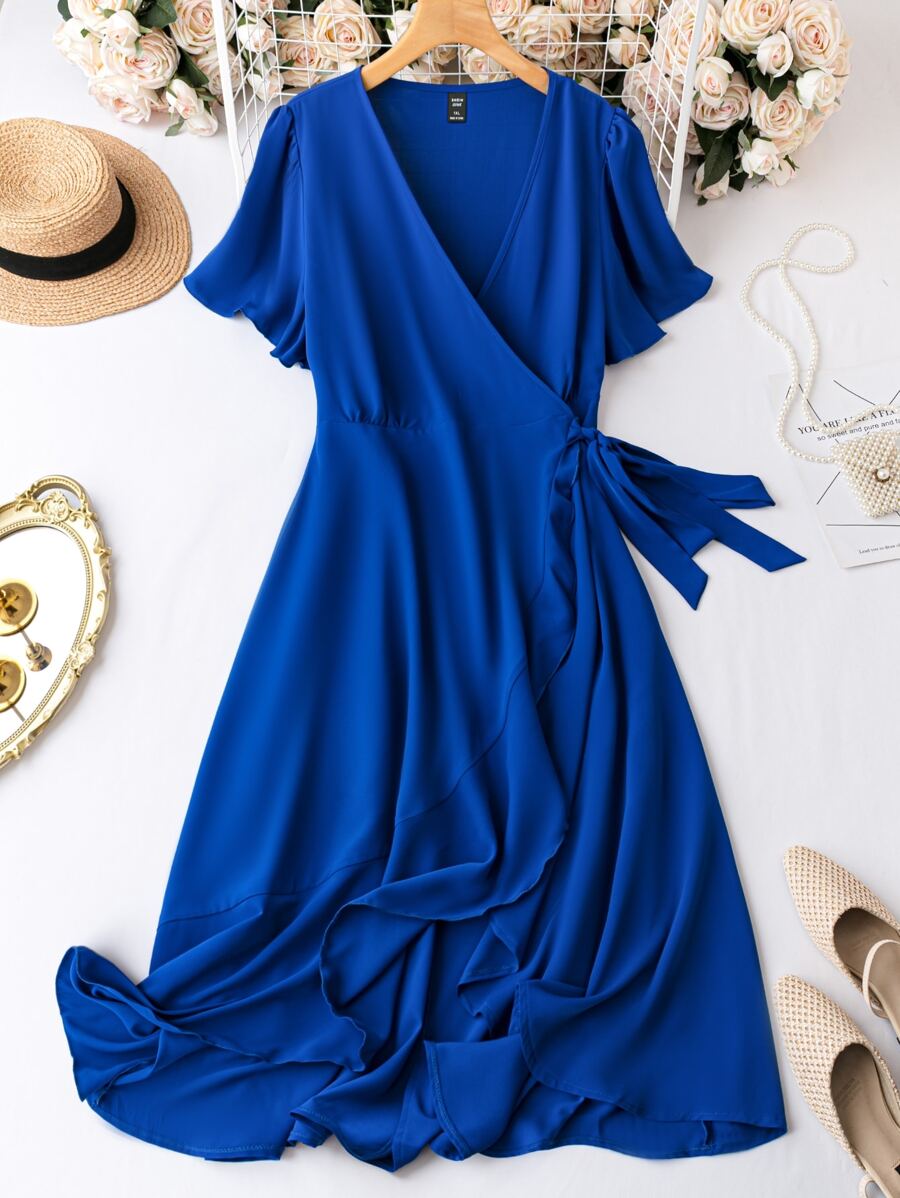 SHEIN Clasi Plus Butterfly Sleeve Knot Side Wrap Dress - Royal Blue - View 1