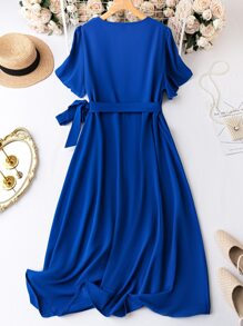 SHEIN Clasi Plus Butterfly Sleeve Knot Side Wrap Dress - Royal Blue - View 2