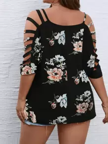 SHEIN LUNE Plus Floral Print Ladder Cut Out Dolman Sleeve Tee - Black - View 2