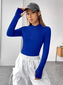 SHEIN Essnce 半拉鏈拇指孔連體衣 - 寶藍色 - 查看 5
