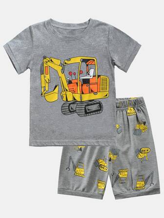 男の子幼児 掘削機プリント Tシャツ＆ショーツ パジャマセット